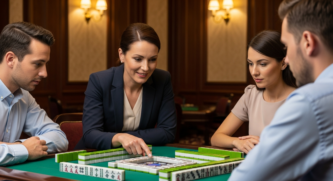 Mahjong instructor teaching students at the table