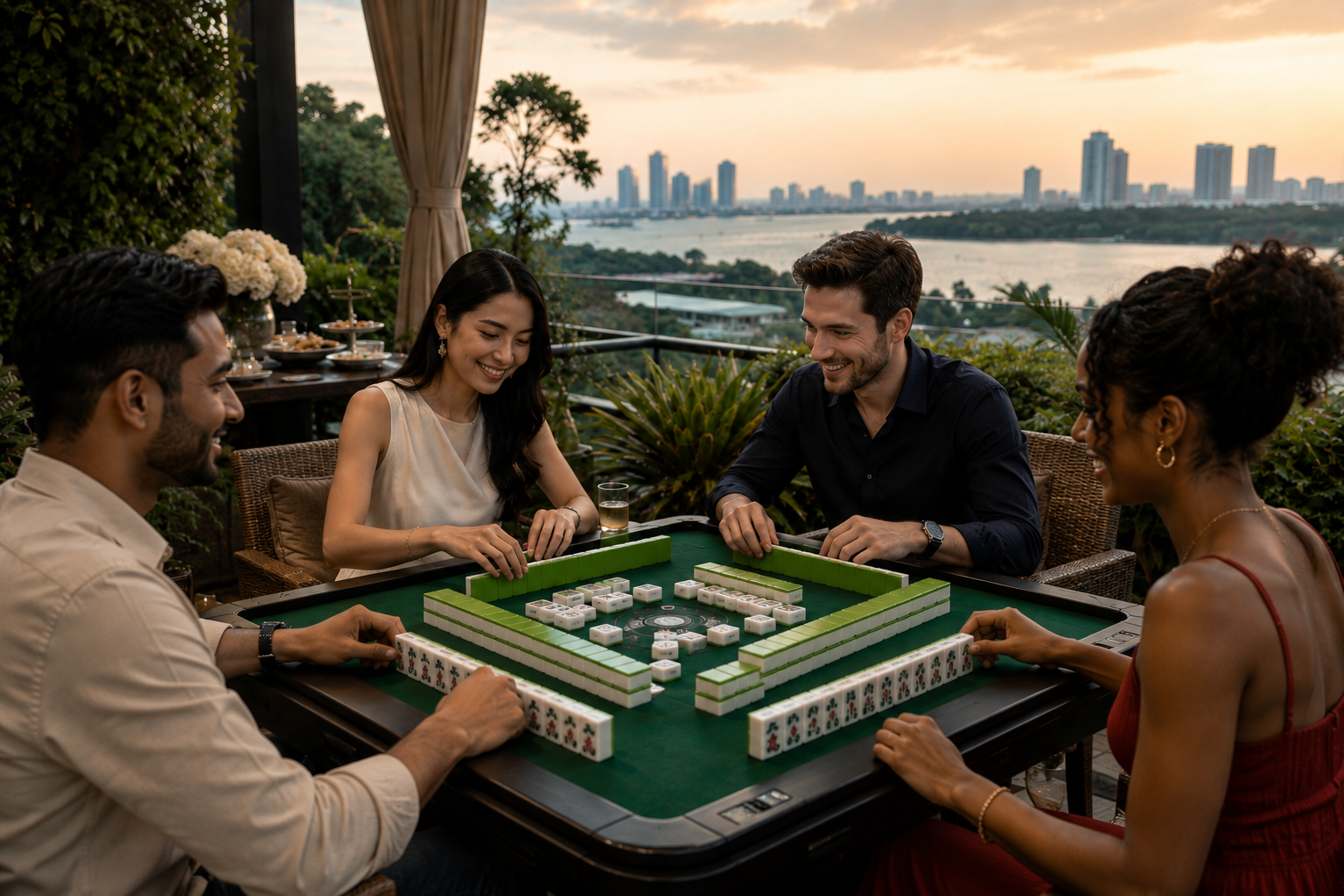Corporate team playing Mahjong at an offsite event
