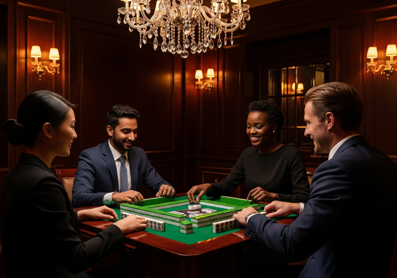 Mixed group in formal business attire laughing around a mahjong table