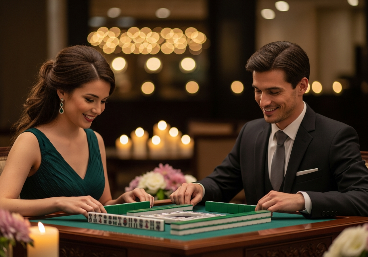 Woman in formal evening wear and man in suit enjoying mahjong at an elegant table