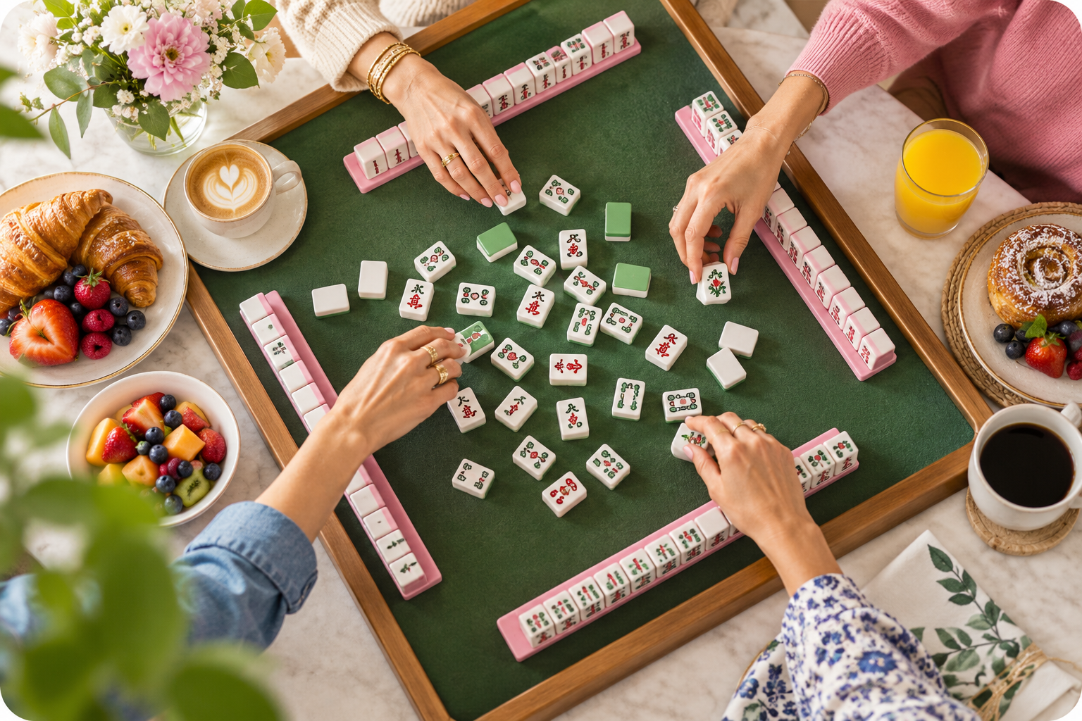 Friends gathered around a Mahjong table in a bright morning setting