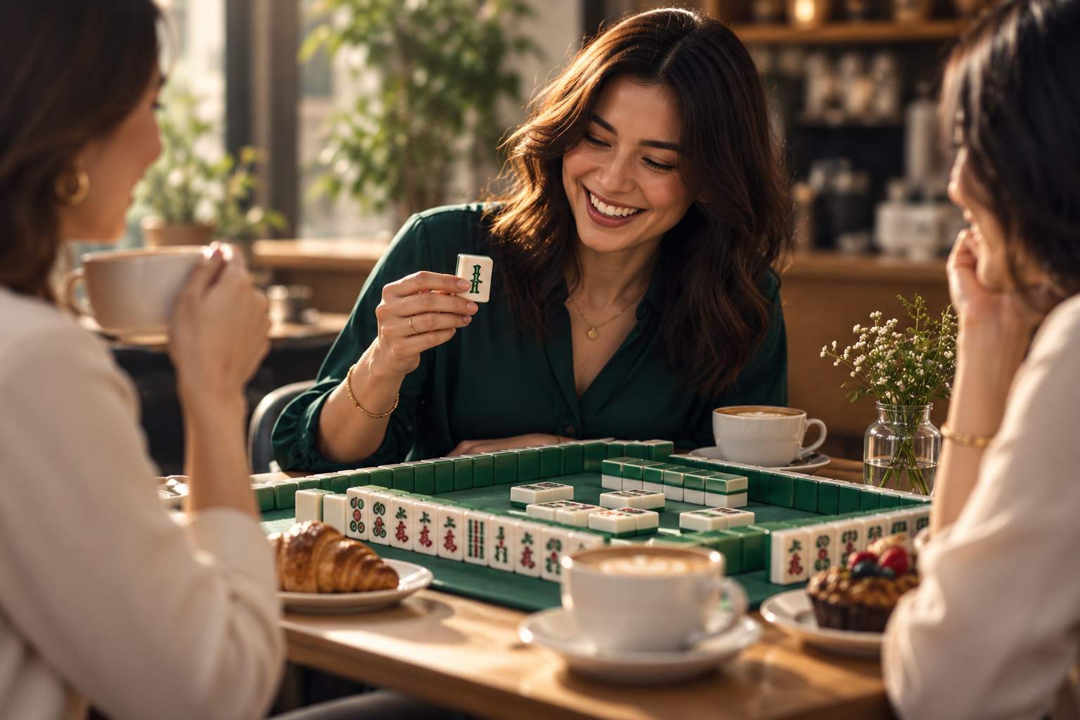 Friends catching up over coffee and a game of Mahjong